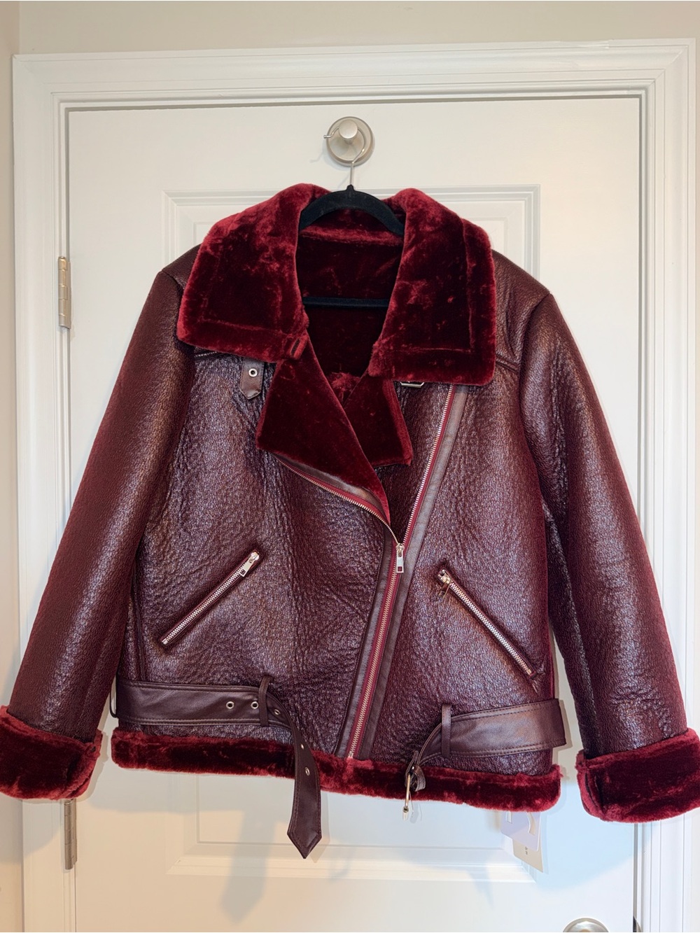 Commense Women’s Burgundy/Brown Vegan Shearling/Leather Moto Jacket - Picture 8 of 16